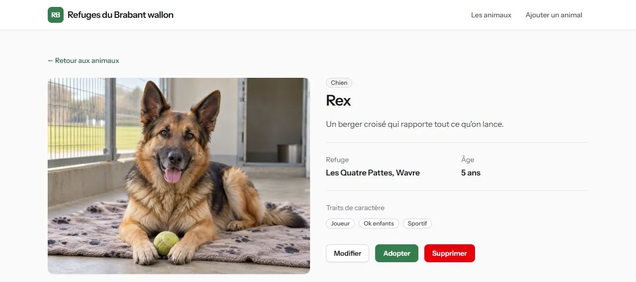 La fiche de Rex : sa photo à gauche, dans un cadre aux coins arrondis, à droite le badge Chien, le nom, la description, le refuge, l'âge, les traits et les boutons Modifier, Adopter et Supprimer
