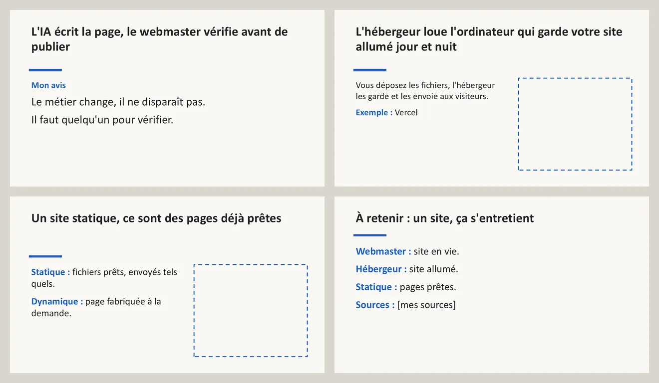 Les quatre dernières slides. L'avis, en deux phrases. L'hébergeur : une phrase en petits caractères, « Exemple : Vercel » et un cadre vide. Le site statique : deux lignes, « Statique » et « Dynamique », et un cadre vide. La dernière slide : « Webmaster : site en vie. Hébergeur : site allumé. Statique : pages prêtes. Sources : mes sources », entre crochets.