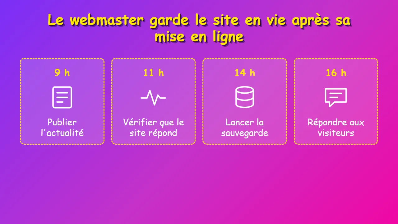 La même slide, toujours en dégradé violet. Sous le titre, quatre cases côte à côte : 9 h, publier l'actualité ; 11 h, vérifier que le site répond ; 14 h, lancer la sauvegarde ; 16 h, répondre aux visiteurs. Chaque case a une icône au trait.